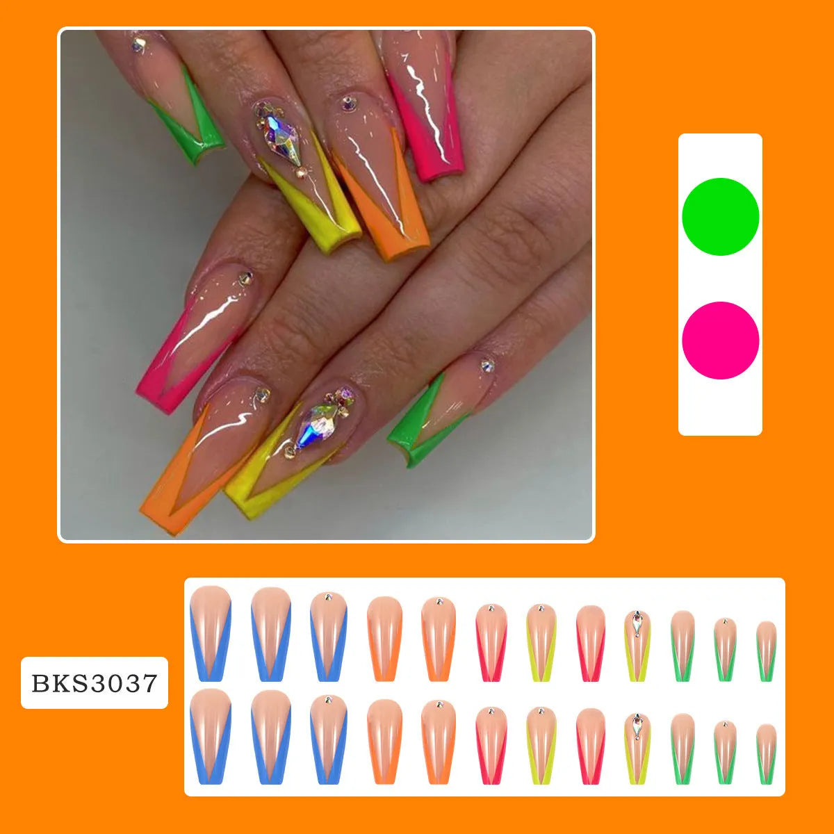 Diamond colour French false nail tips with red love heart and cross cartoon patterns.