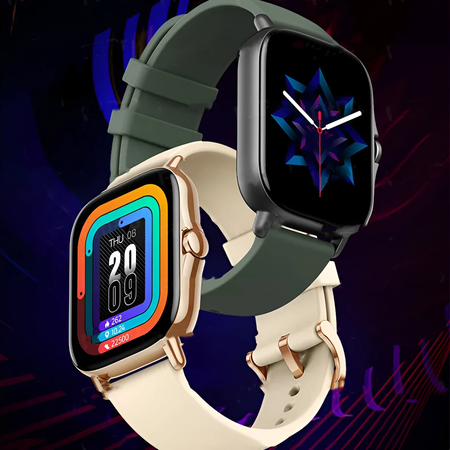 GT20 black smartwatch showing time on its 1.75-inch screen with a silicone wrist band.