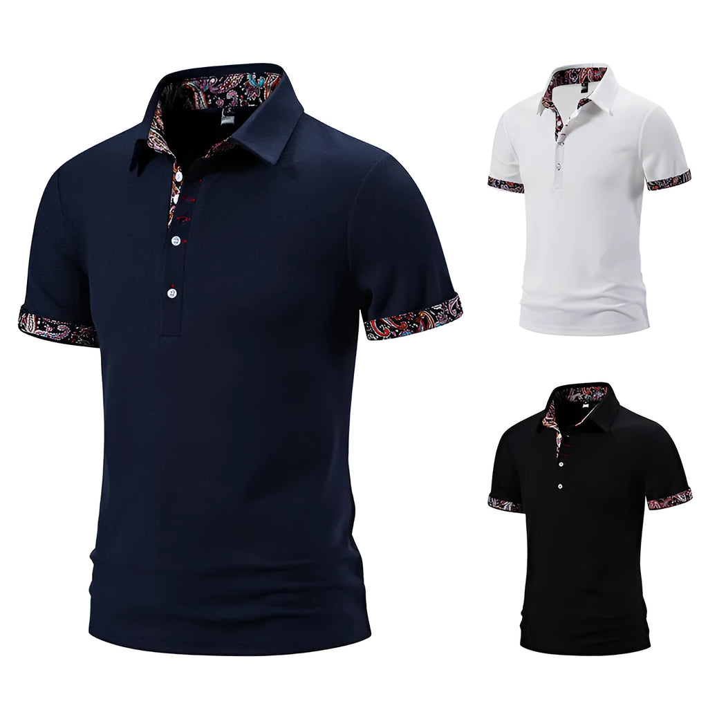 Men's cotton blend polo shirt with colour stitching and turnover neck collar in three colour options