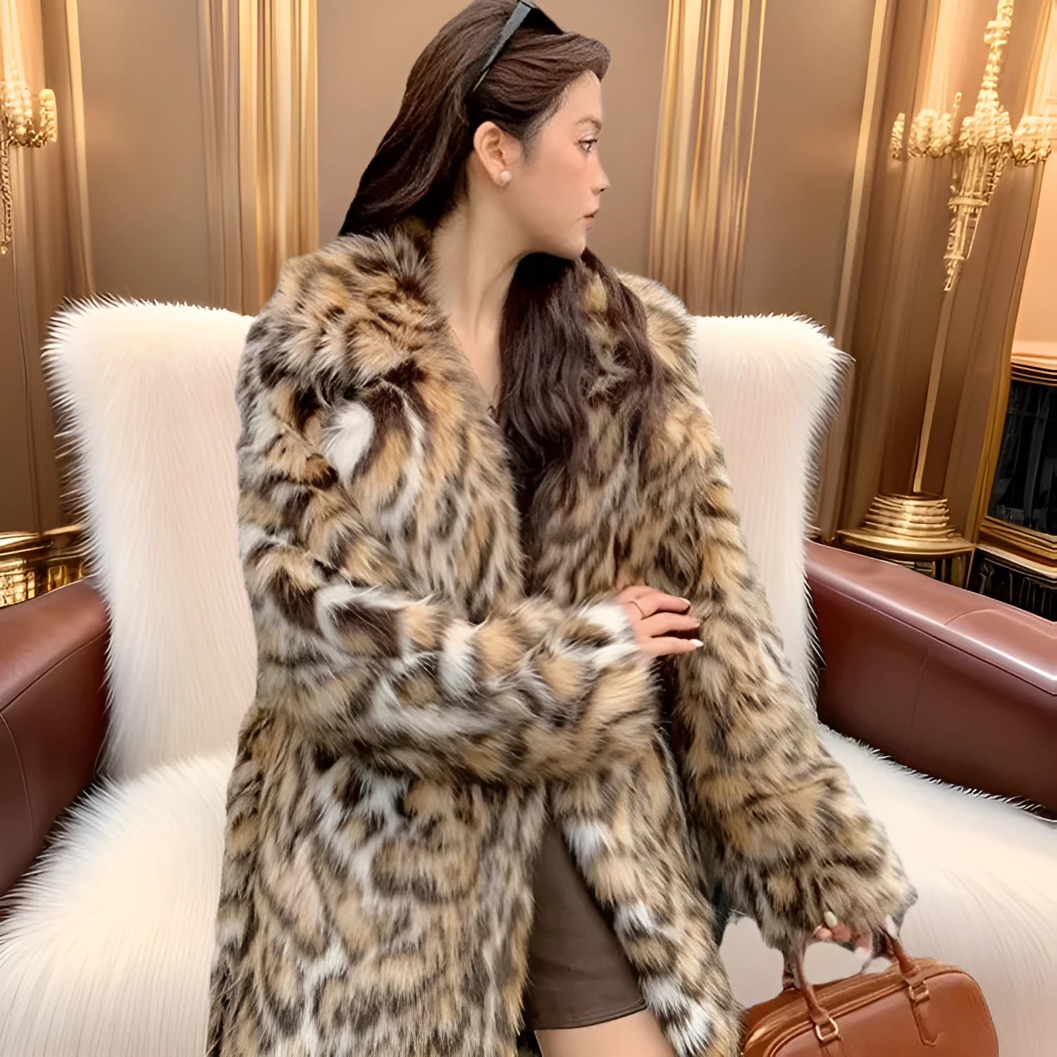 A model wearing a black faux fur mid-length coat with a large fur collar and front pockets.