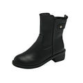 Black women's ankle boots with a side zip, round toe, and low rubber sole.