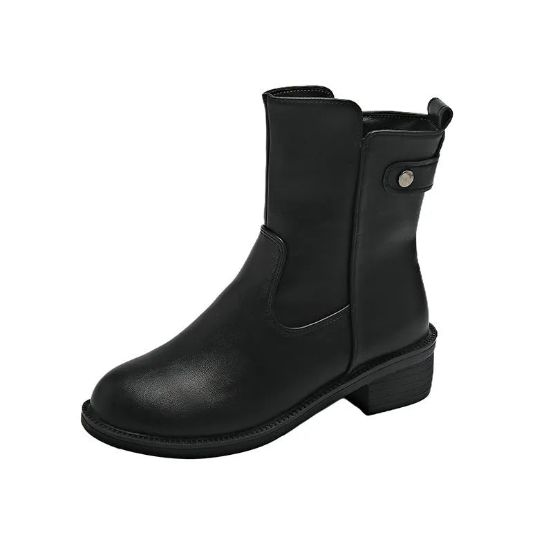 Black women's ankle boots with a side zip, round toe, and low rubber sole.