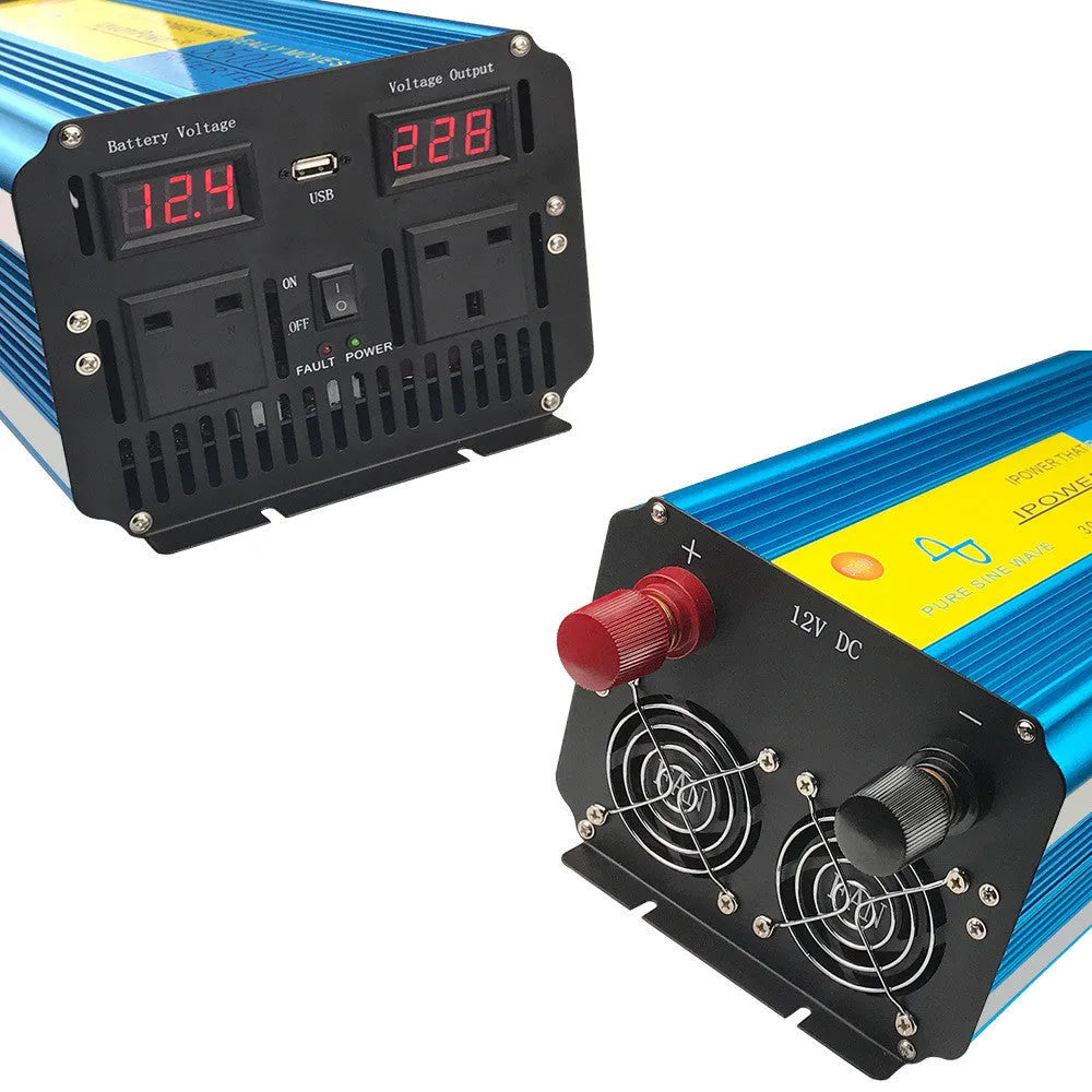 Blue car power inverter with digital displays and UK sockets for 12V to 220V conversion