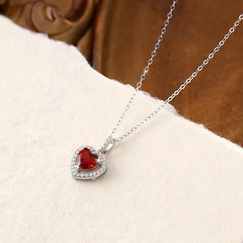 Sterling silver heart pendant necklace with natural gemstone on cross chain