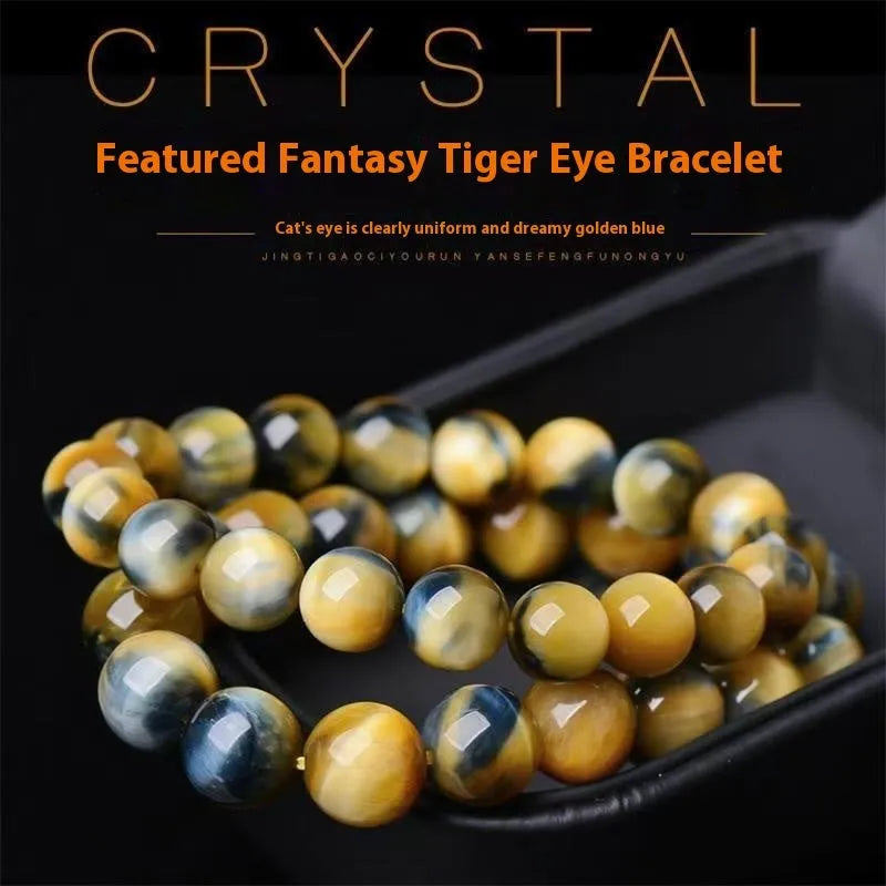 Fantasy Tiger Eye agate bracelet with round beads in a single circle design on a wrist.
