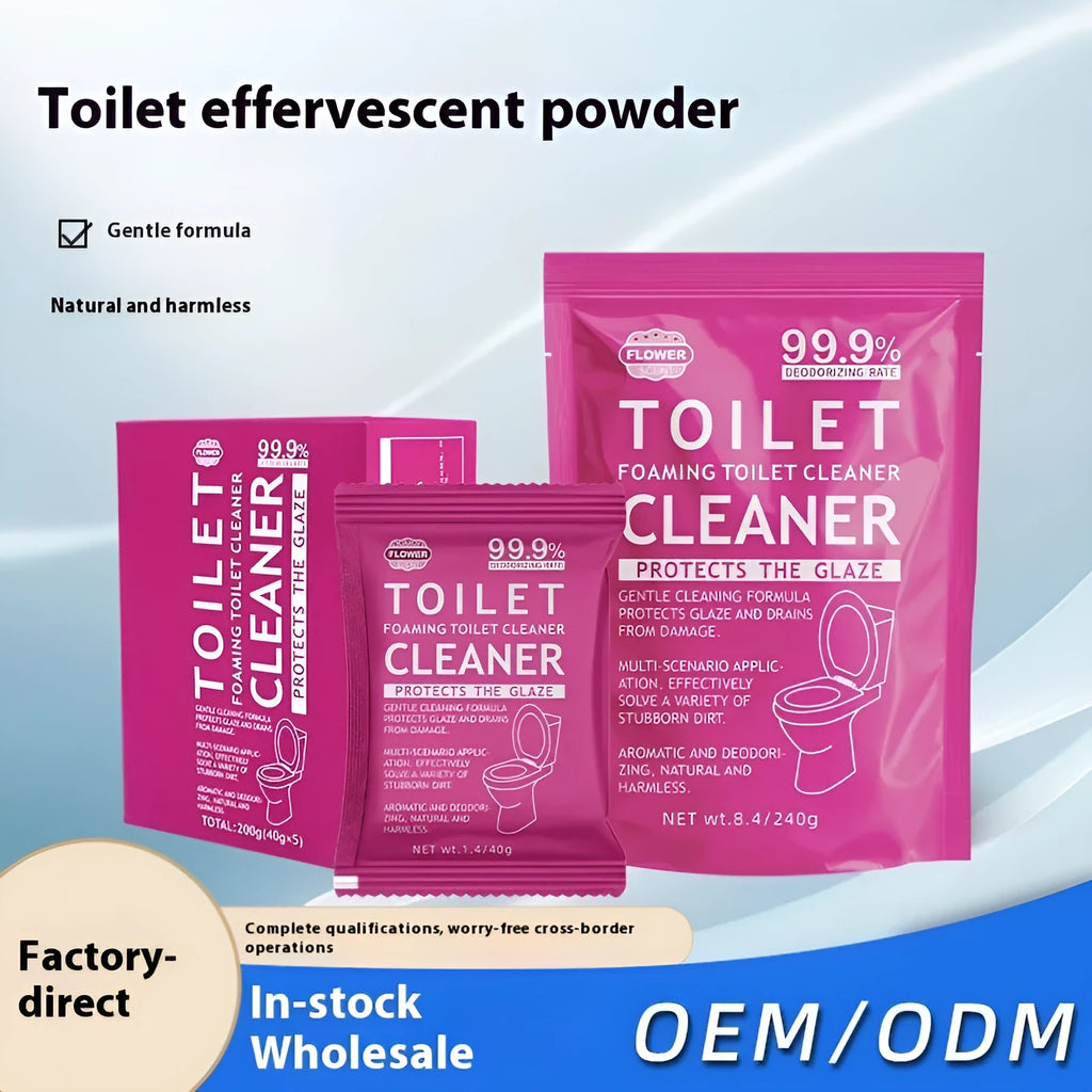 Toilet bubble powder cleaning product in blue ocean and pink floral fragrance variants