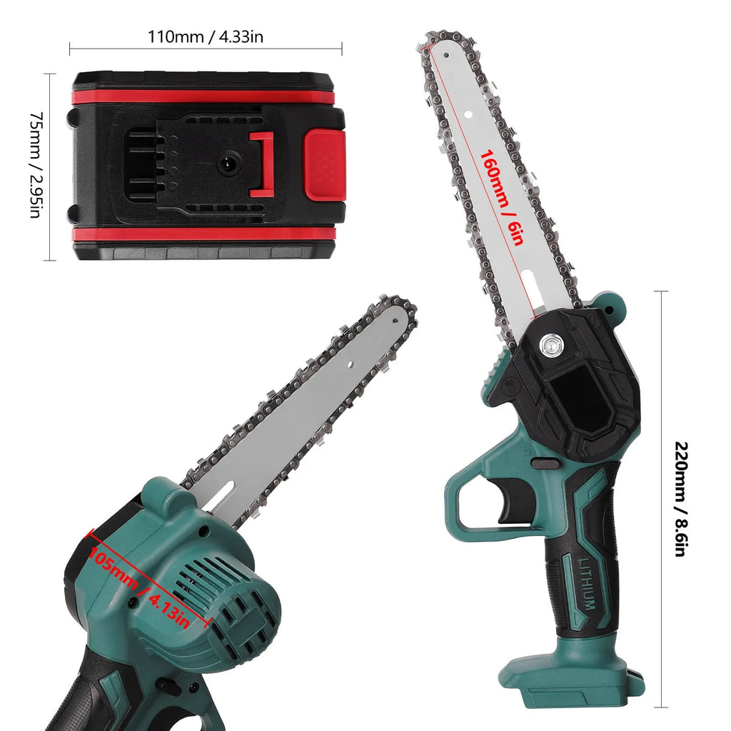 Black mini electric chainsaw with 4-inch chain, one-hand grip design for portable logging