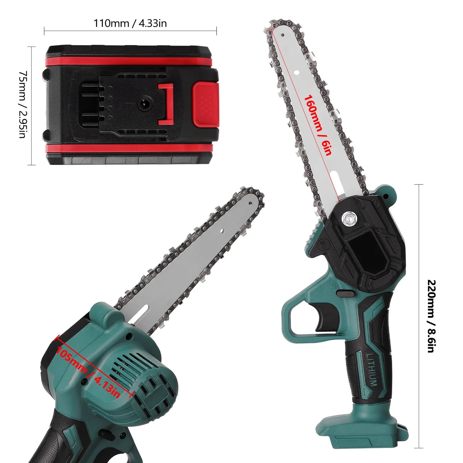 Black mini electric chainsaw with 4-inch chain, one-hand grip design for portable logging