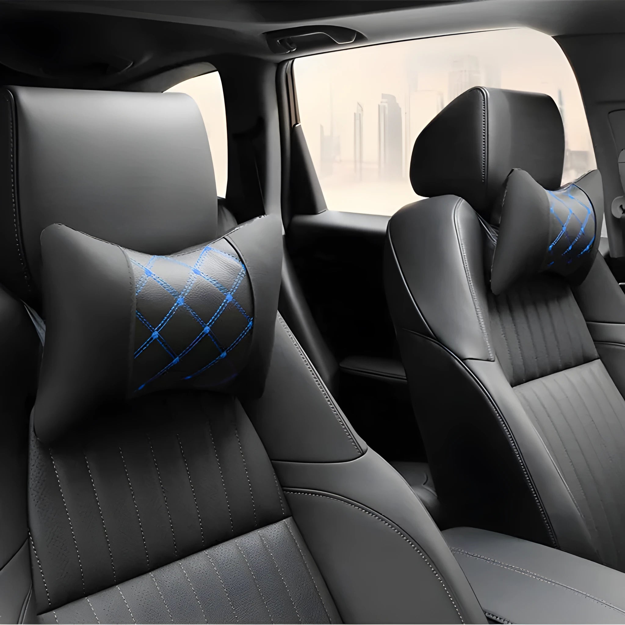 Black quilted car headrest cushion with diamond pattern for neck support.
