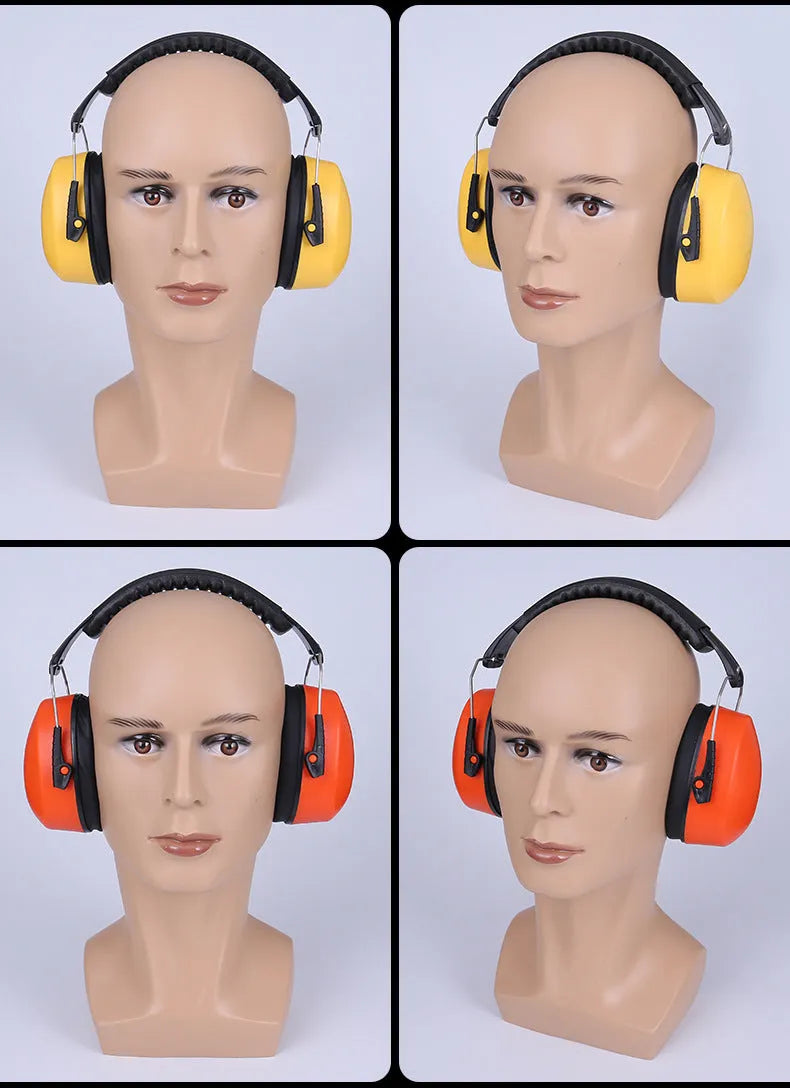 Orange noise-reducing headphones and protective earmuffs with adjustable elastic headband