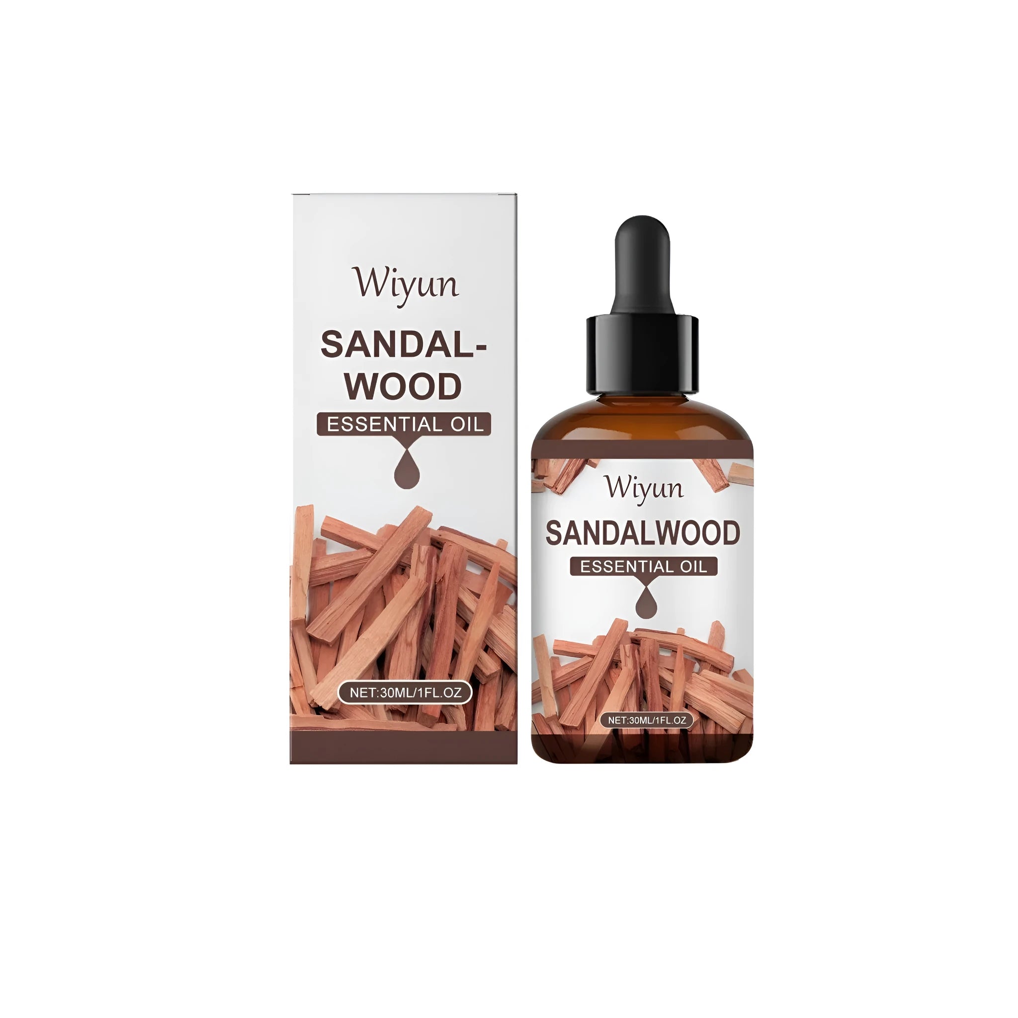30ml bottle of sandalwood essential oil fragrance blend with listed ingredients