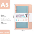 No date strap notebook with PU leather cover open to show 80g wood-free paper and thread binding