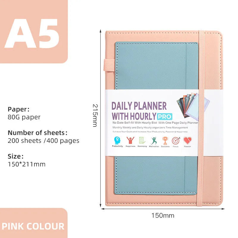 No date strap notebook with PU leather cover open to show 80g wood-free paper and thread binding