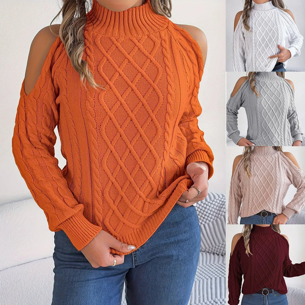 Gray women's acrylic sweater with a twisted knit pattern, half-high collar, and long lantern sleeves on a hanger.