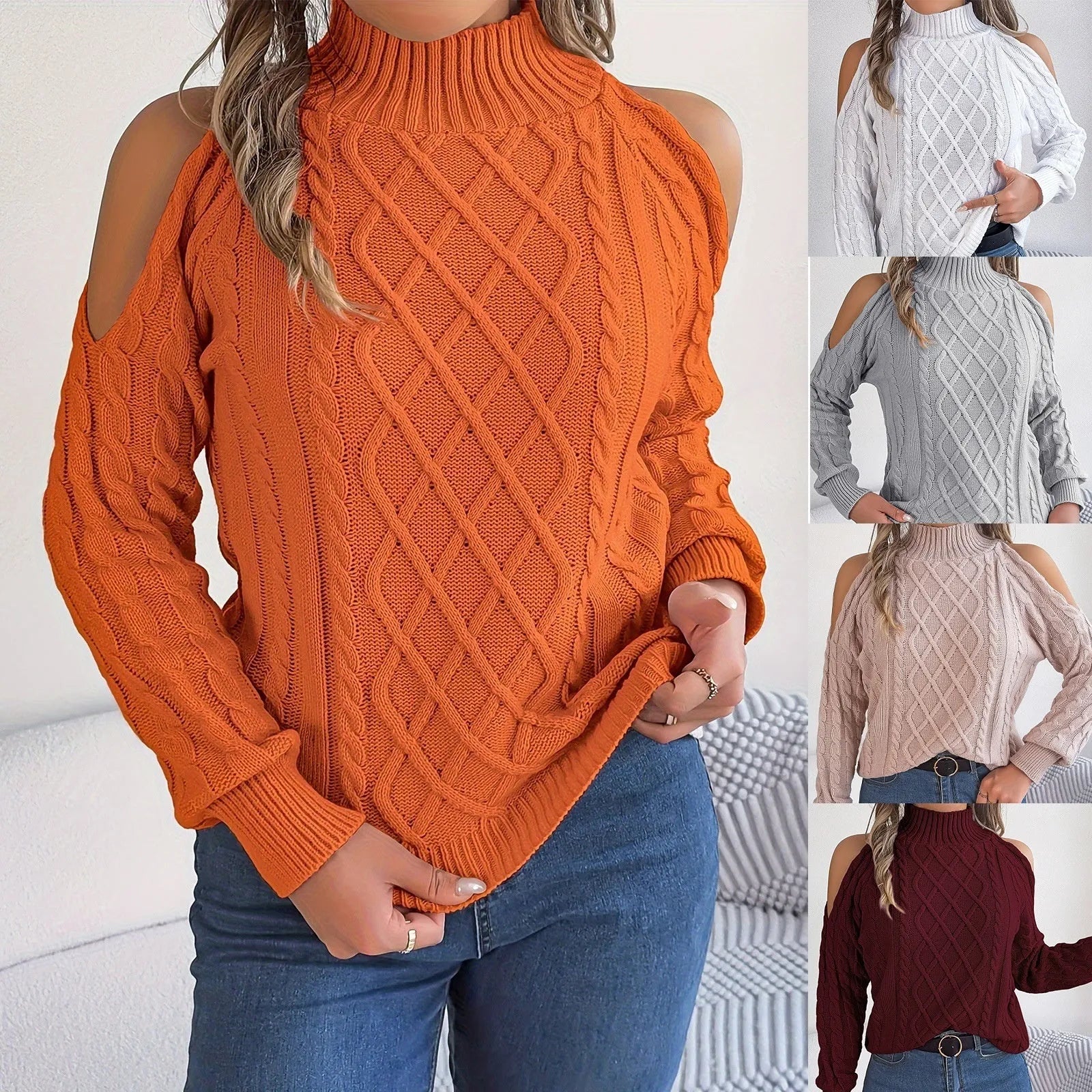 Gray women's acrylic sweater with a twisted knit pattern, half-high collar, and long lantern sleeves on a hanger.