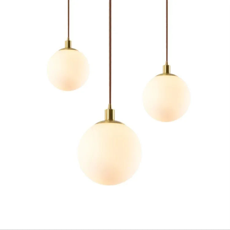 Milk white spherical glass ceiling lamp with copper fitting on ceiling, Nordic style, 15-30cm diameter options