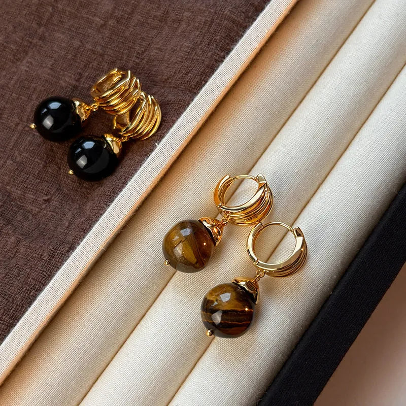 Gold plated geometric tigereye earrings in French retro style for women