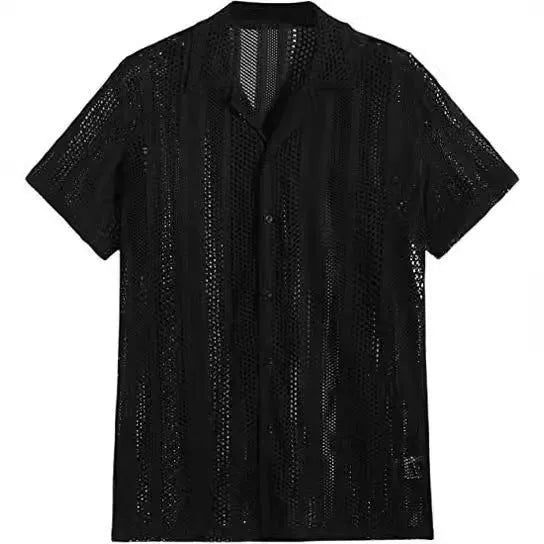 Men's black knitted short-sleeved cardigan shirt with jacquard pattern and button front.