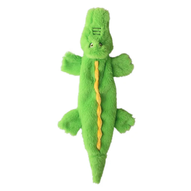 Green crocodile plush dog toy with no-stuffing design for aggressive chewers