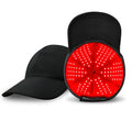 Black infrared peaked cap for hair growth therapy with 180 LED red light bulbs and adjustable controller