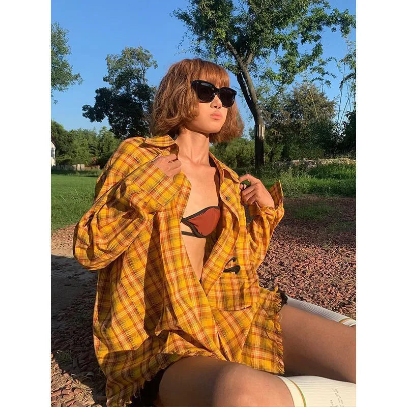Dopamine yellow plaid shirt with original American design in loose fit cardigan style