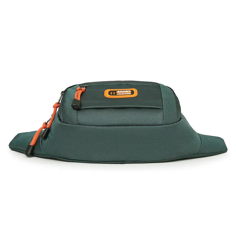 Waterproof slanted chest bag in nylon, shown in one of four colours: black, grey, blue, or green.