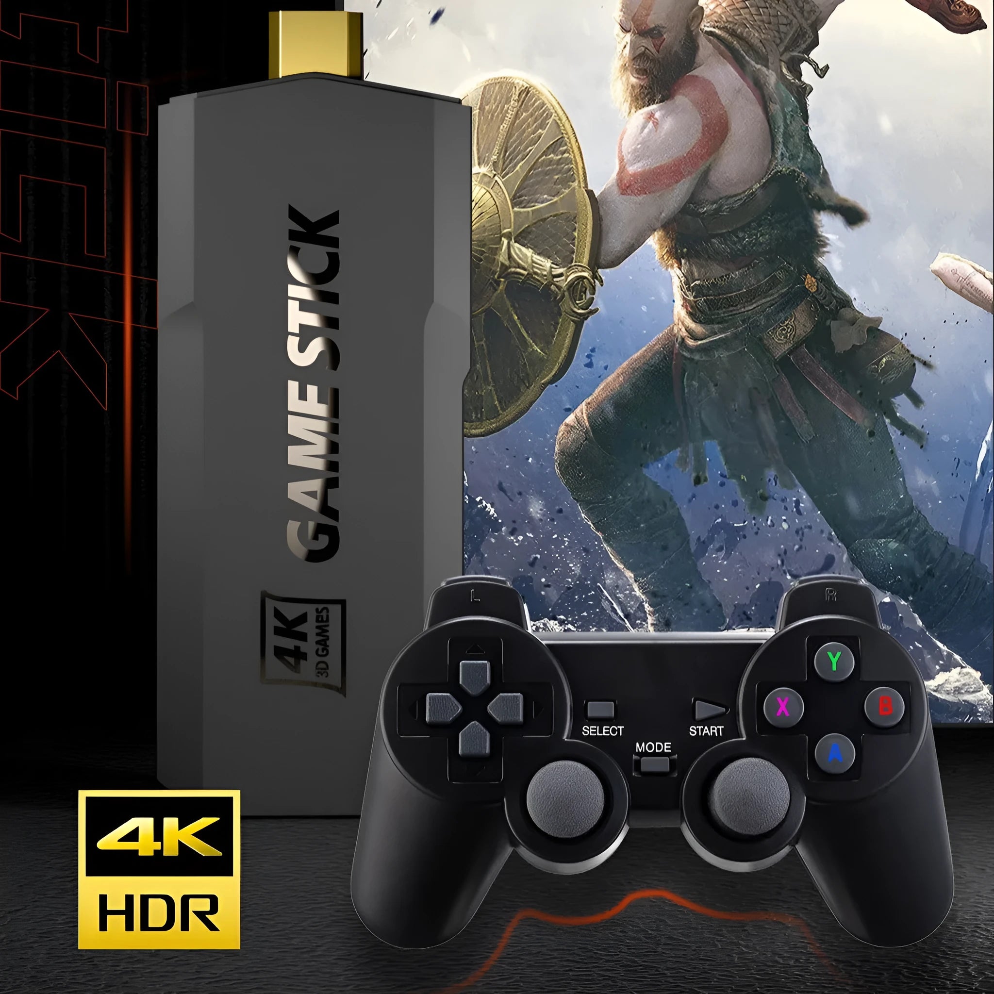 Compact black HD home TV game console with handle controller on textured surface