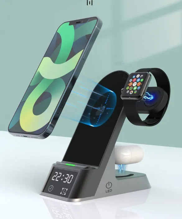 Black multifunctional alarm clock with wireless charging station for phone, Apple Watch, and earbuds