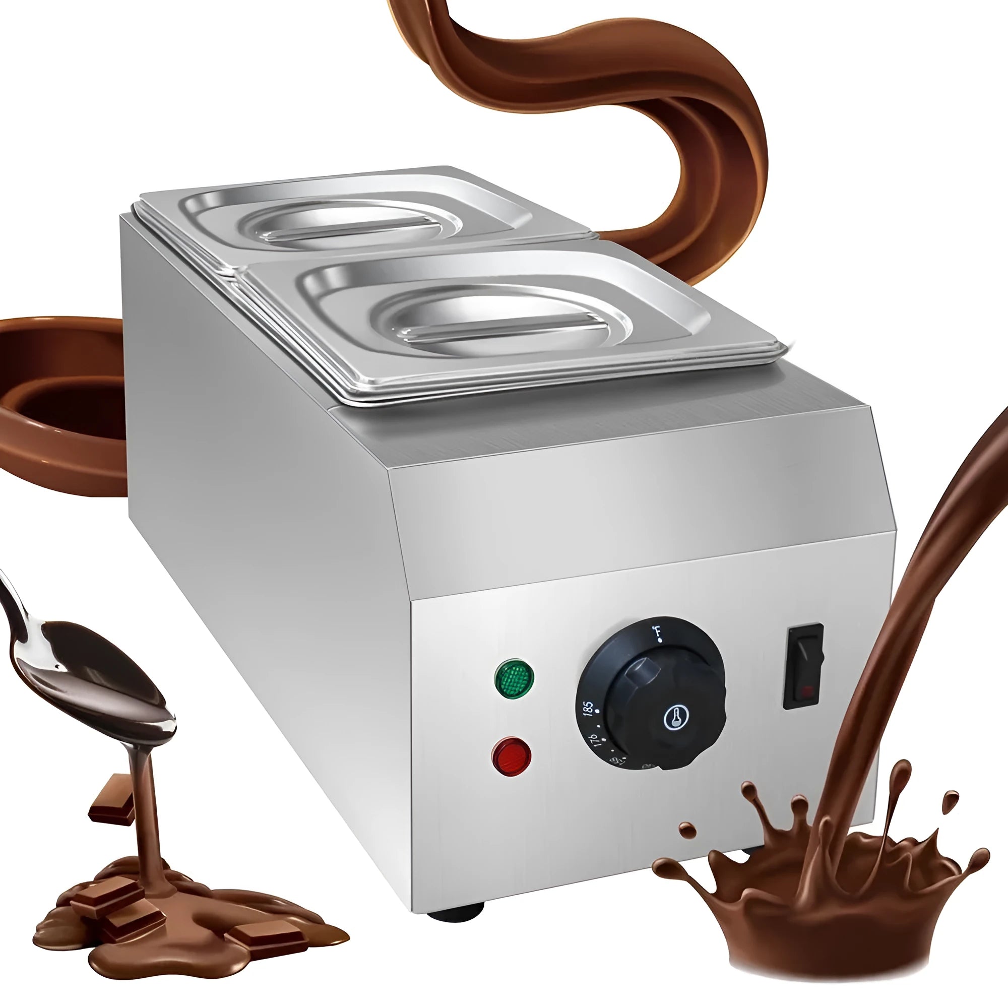 Commercial chocolate melting machine with stainless steel construction and temperature control display