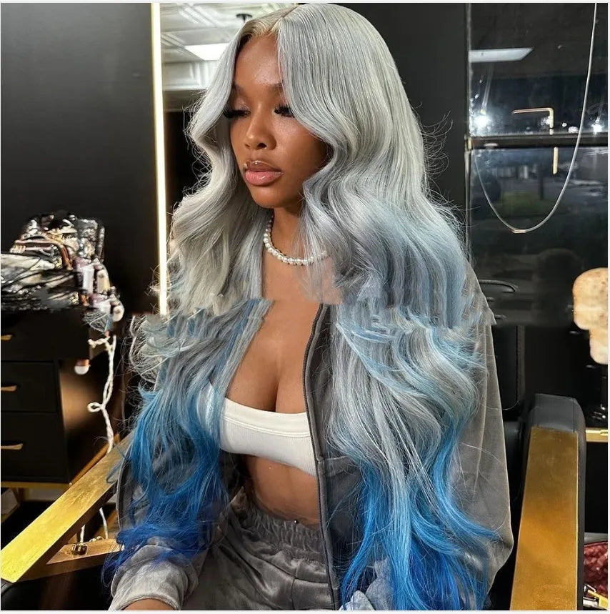 Gradient grey blue human hair lace front wig with 4x4 silk base showing length options