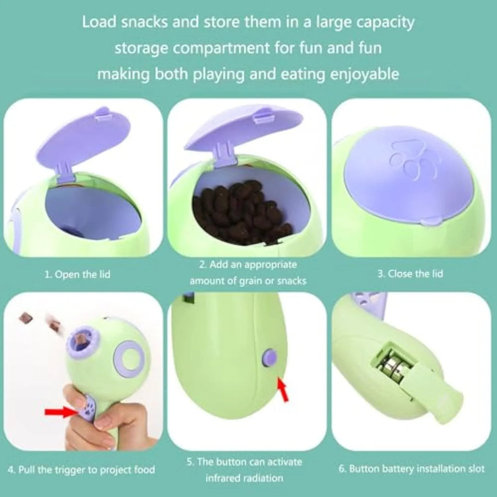 Green, orange or pink plastic dog treat launcher toy measuring 15.5cm with food dispensing and training functions