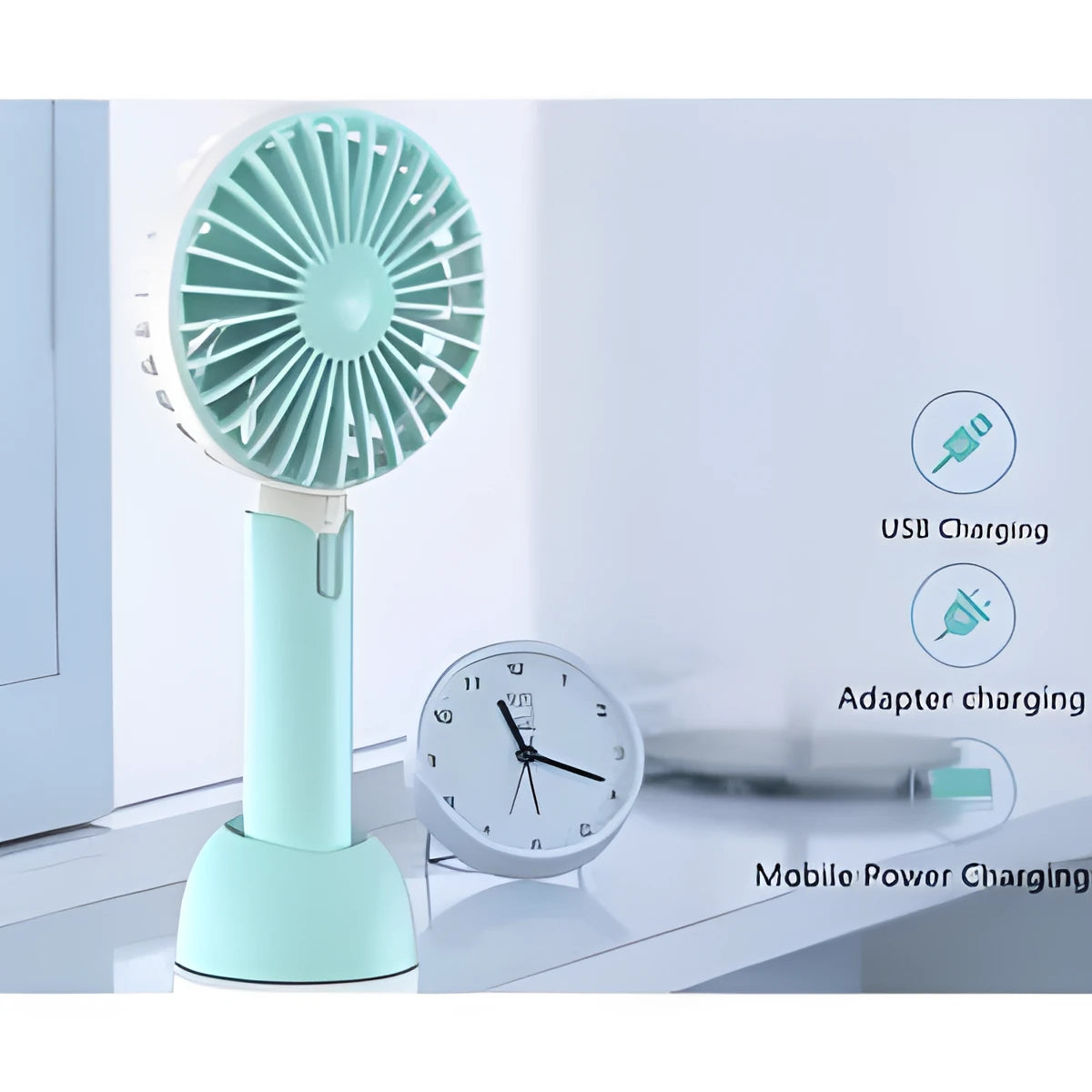Blue USB-powered mini desktop fan with three-speed control