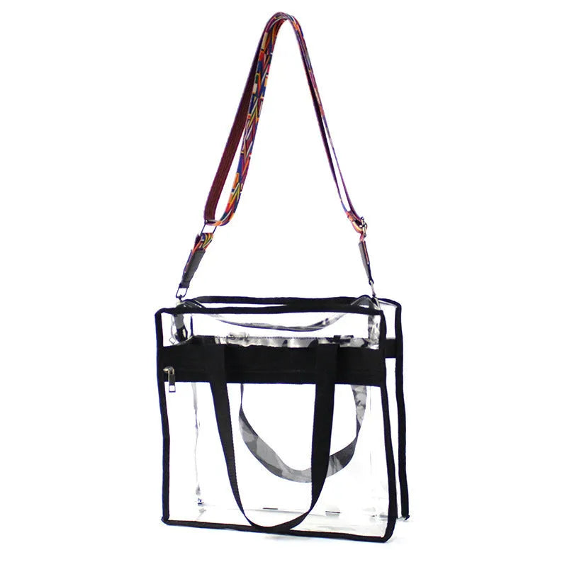 Transparent clear PVC women's messenger bag with double shoulder straps, shown in a brown front bag colour variant.