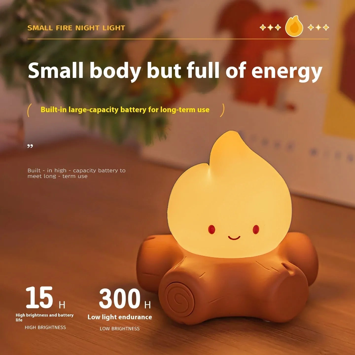 Silicone small fire pile cartoon night lamp with portable battery design and yellow light options