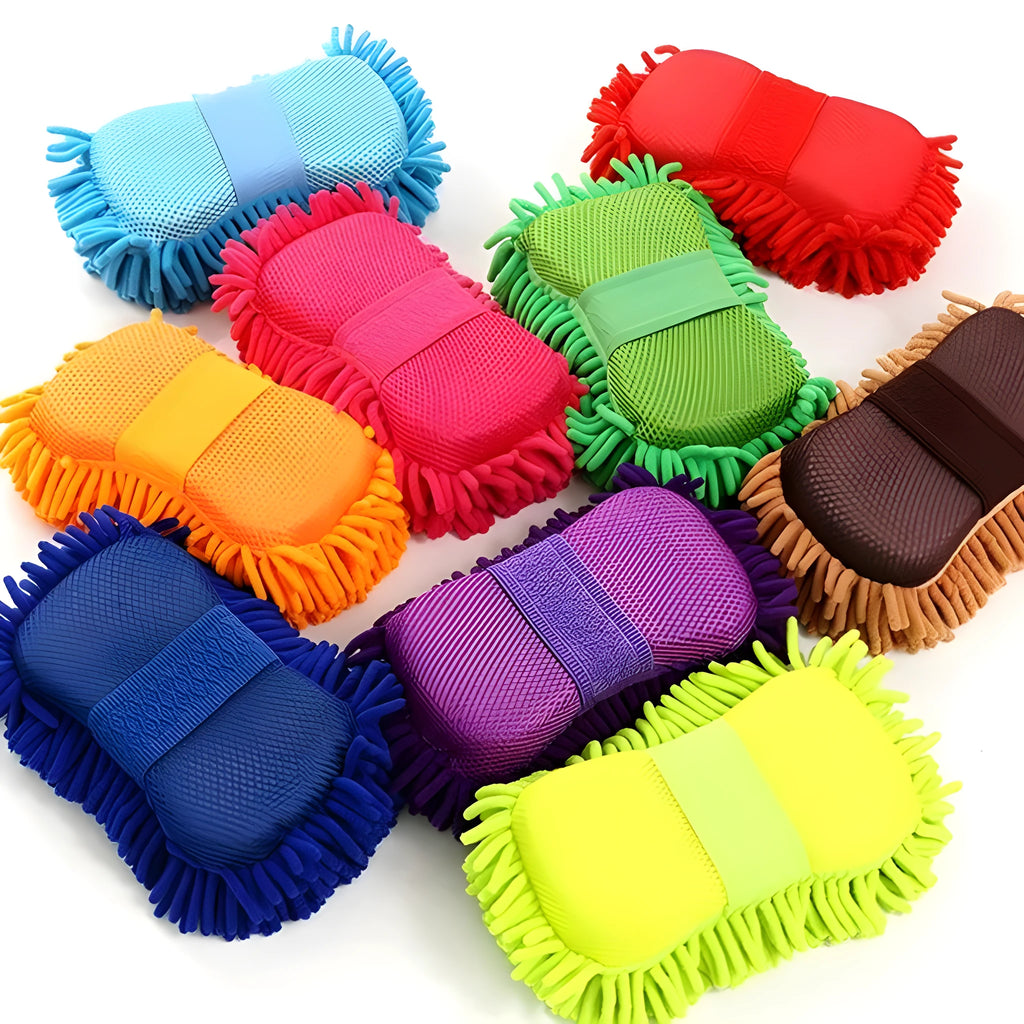 Silver green chenille microfiber car wash sponge measuring 14x25cm with spiral wool texture