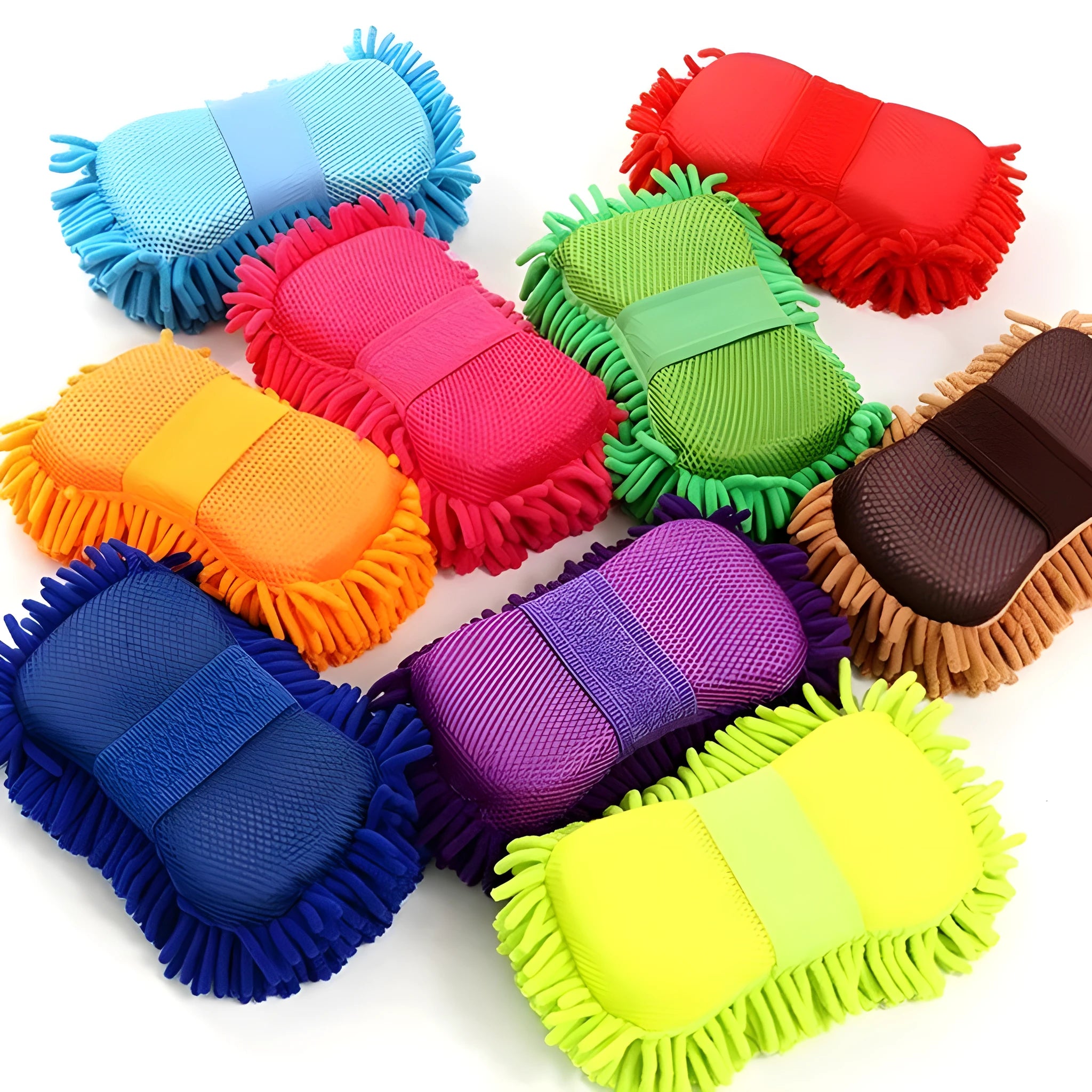 Silver green chenille microfiber car wash sponge measuring 14x25cm with spiral wool texture