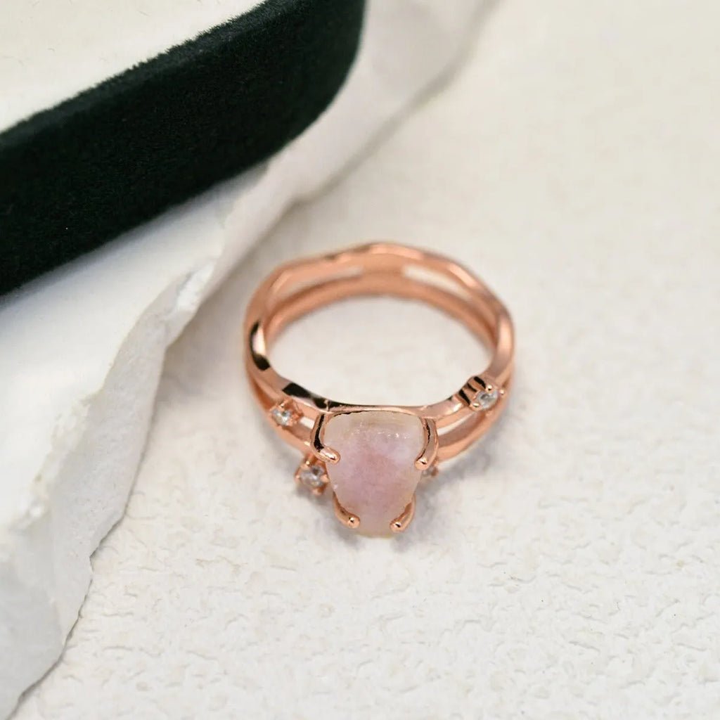 S925 sterling silver ring with an irregular triangle moonstone in rose gold, white gold, or yellow gold finish.