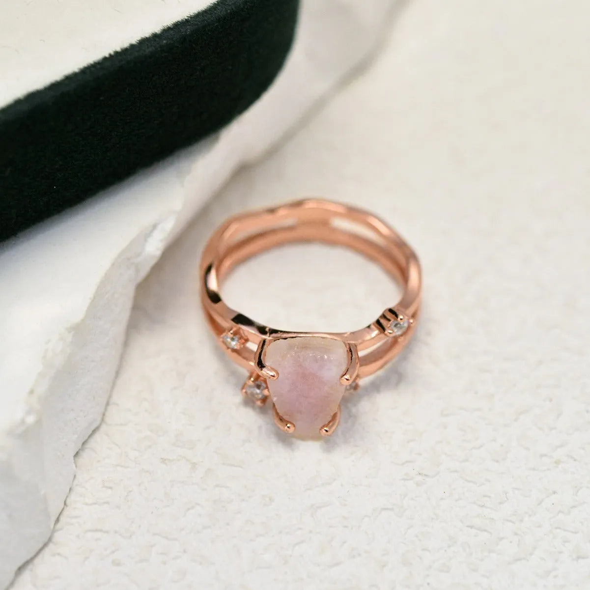 S925 sterling silver ring with an irregular triangle moonstone in rose gold, white gold, or yellow gold finish.