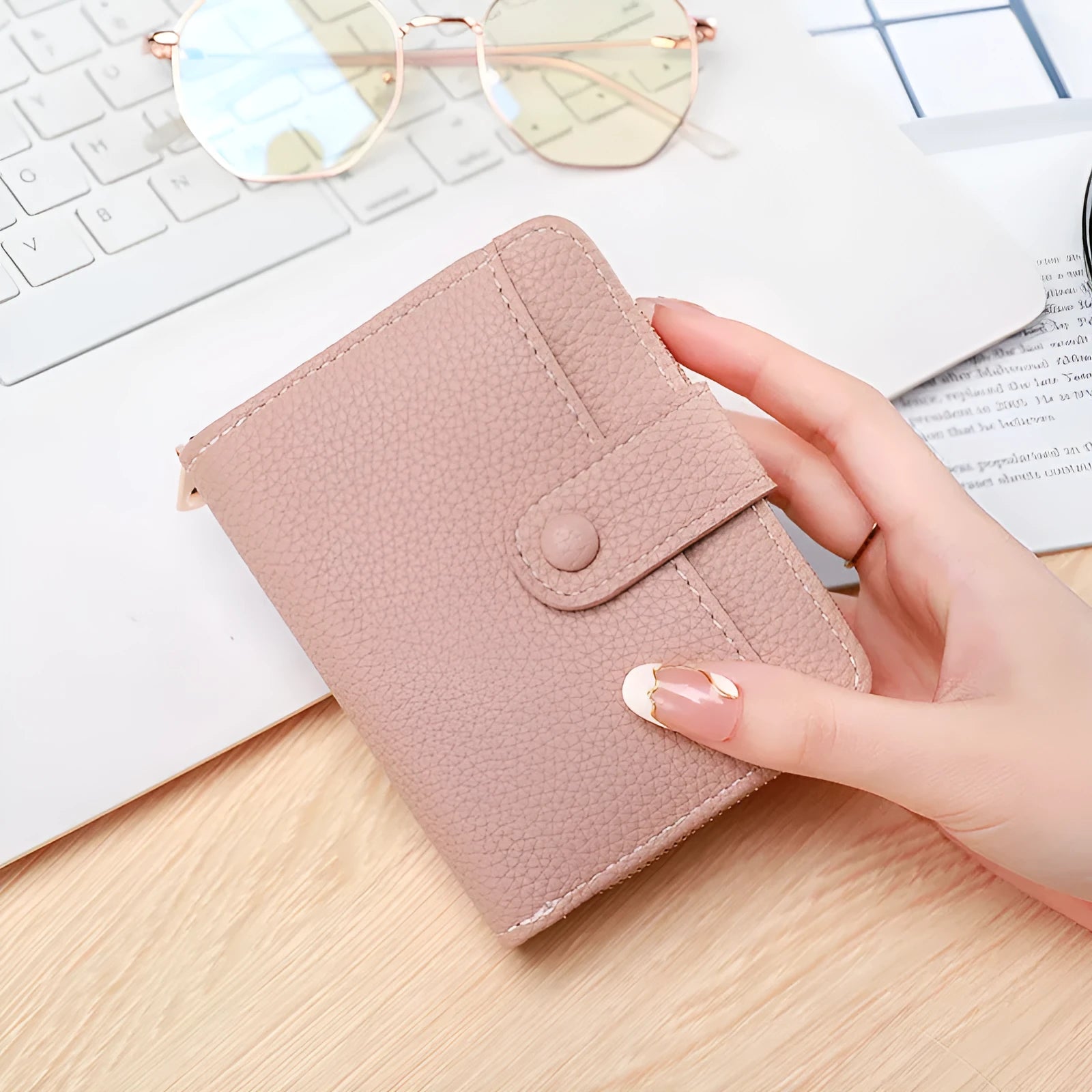 Lychee pattern textured ladies' two-fold short wallet in beige, pink, black, and red colour options.