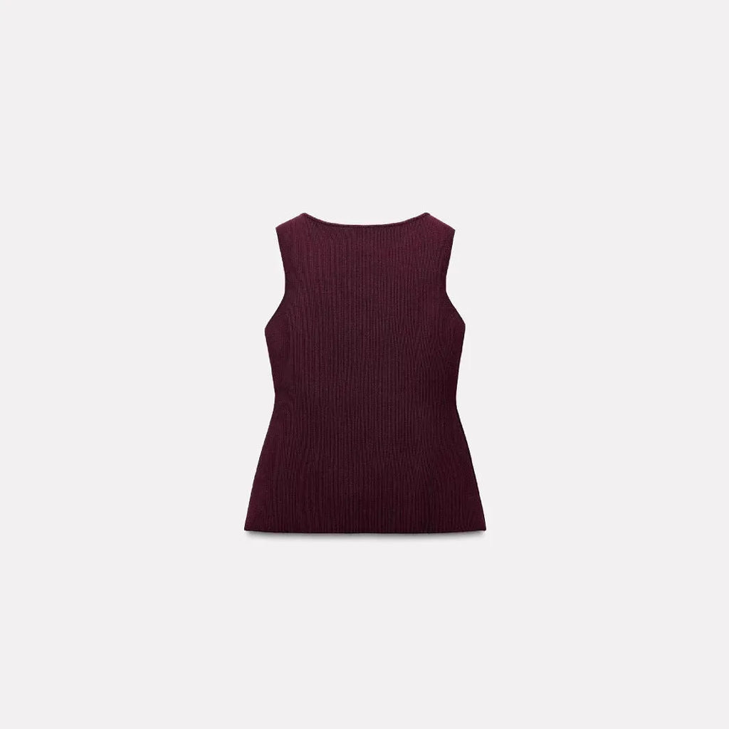 Dark red viscose sweater vest with gold buttons and textured 3D pattern, slim fit sleeveless cardigan style