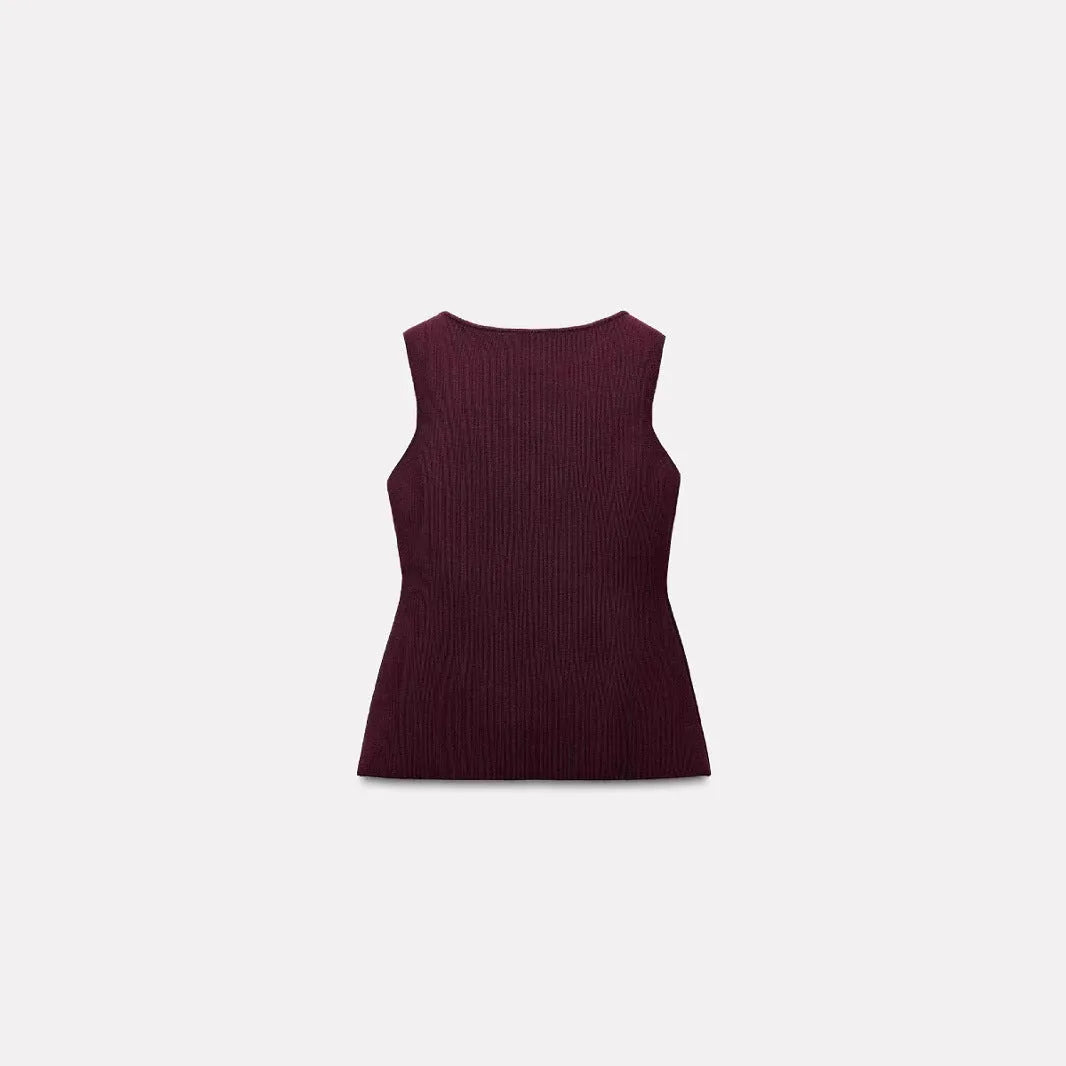 Dark red viscose sweater vest with gold buttons and textured 3D pattern, slim fit sleeveless cardigan style