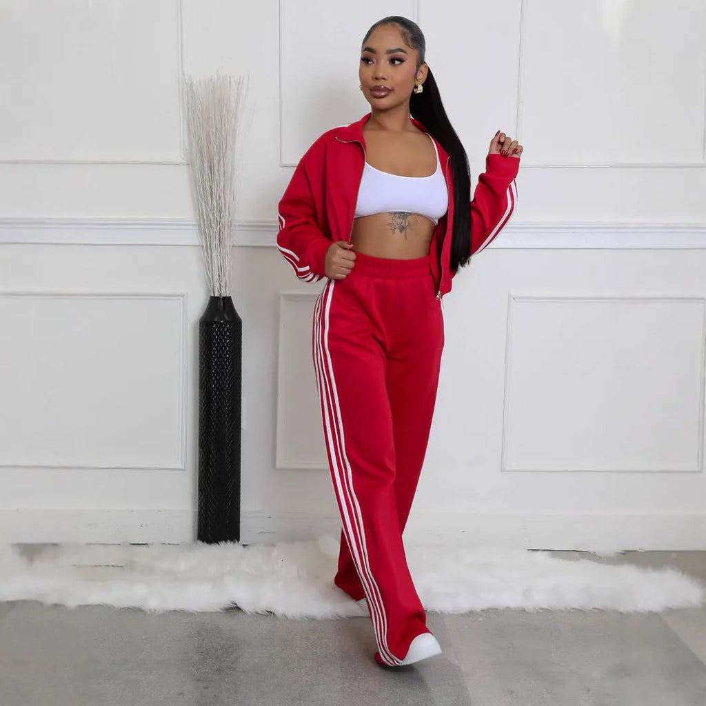 Striped zip-up sweater and solid trousers two-piece tracksuit set in street hipster style