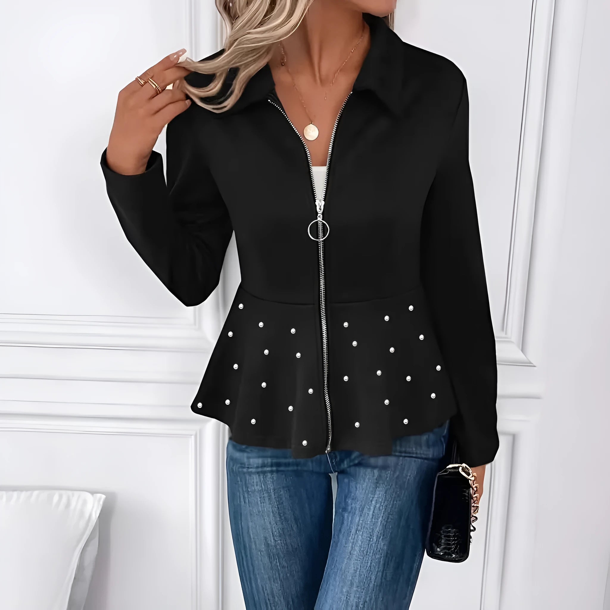 Women's loose fit coat with beaded heavy-duty zipper and ruffled hem in spandex fabric