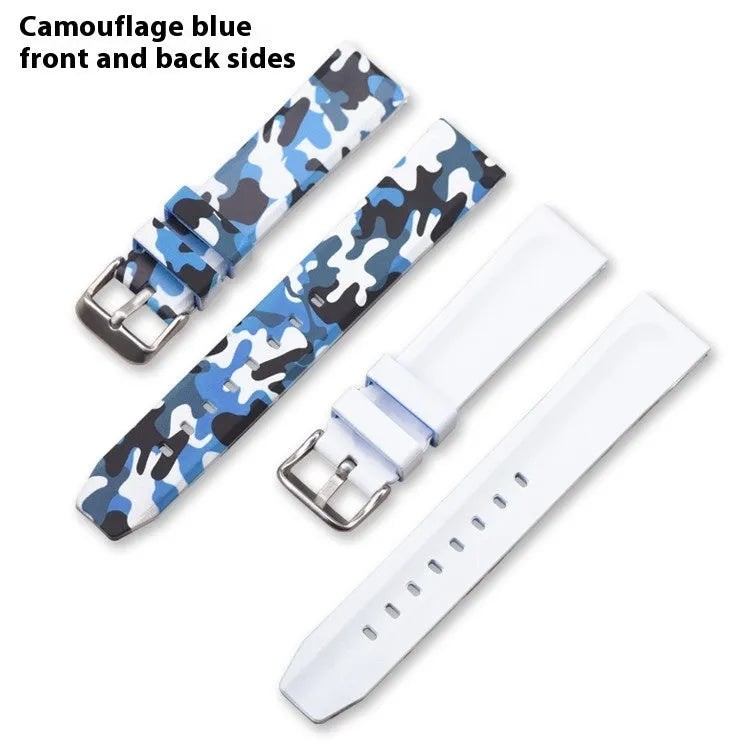 Silicone camouflage pattern watch strap in blue, grey and green, showing flat head ends.