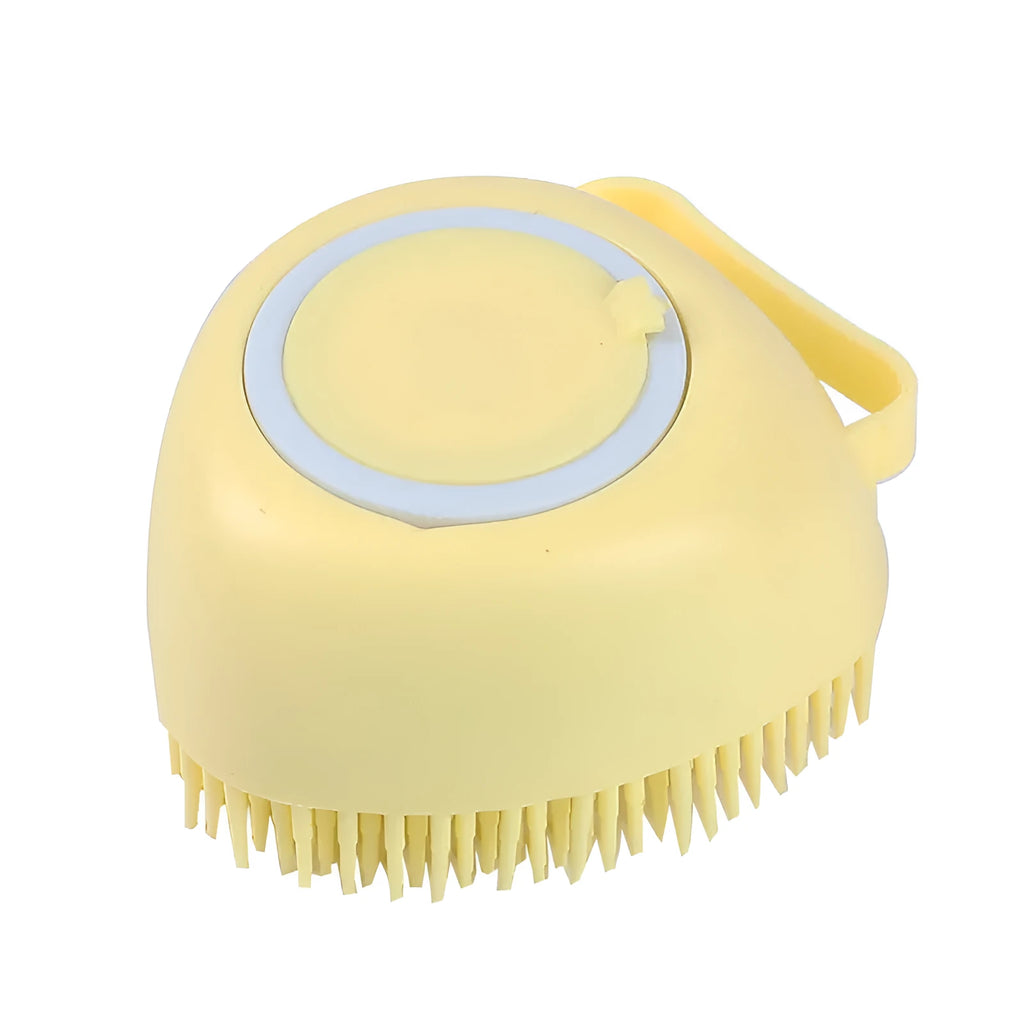 Blue silicone dog bath brush with finger loop and soft bristles for pet grooming