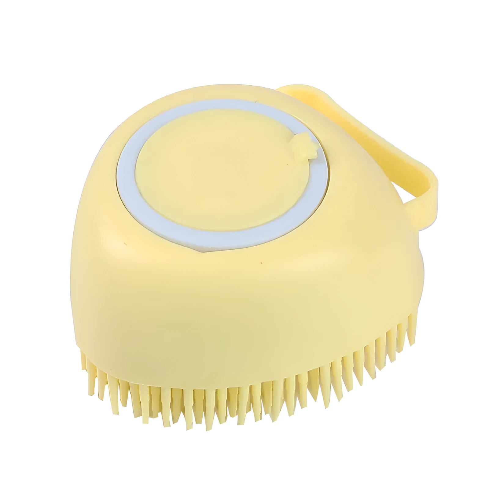 Blue silicone dog bath brush with finger loop and soft bristles for pet grooming