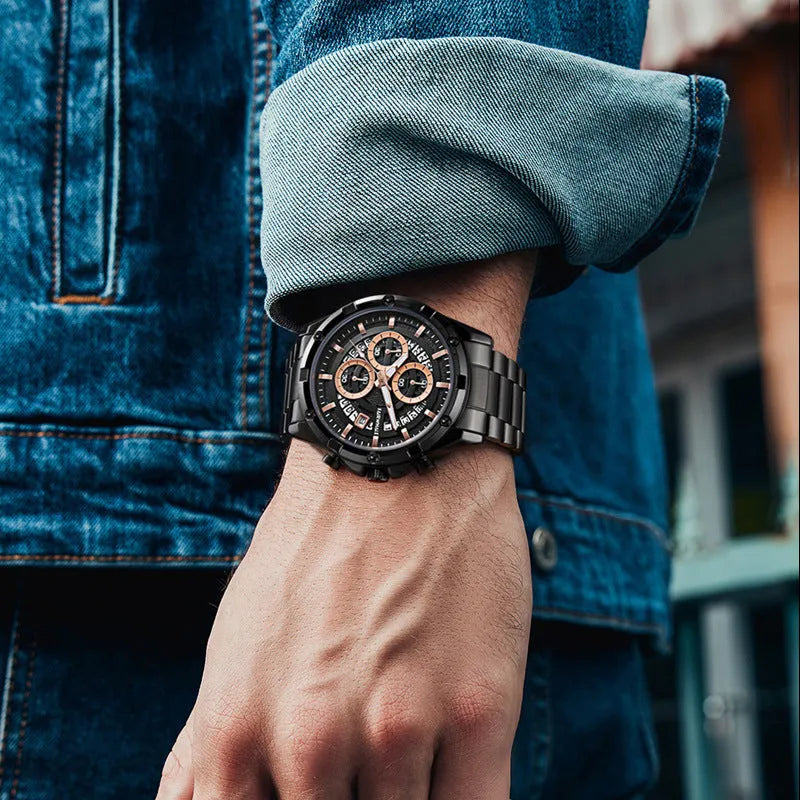Men's waterproof quartz watch with luminous dial and steel strap in black, gold, or silver colour options