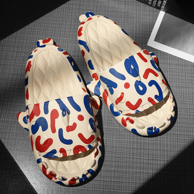Shark design open-toe EVA home slippers in beige colour on a white background.