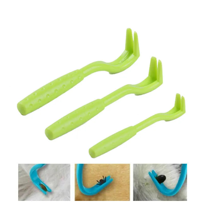 Three plastic tick removal hooks for pets in blue and green colours