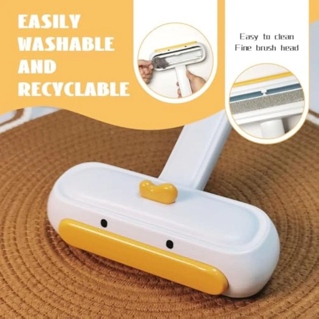 White portable pet hair remover roller with yellow duck design and polyester bristles for furniture and car seats